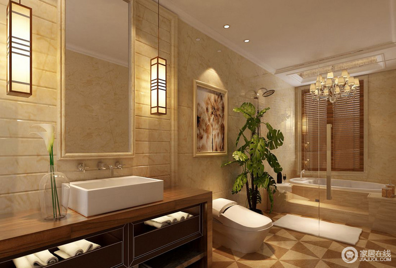 淡黄色瓷砖温润而无彩，以低调的笔墨与棕木搭配出颇有历史感的卫浴空间。