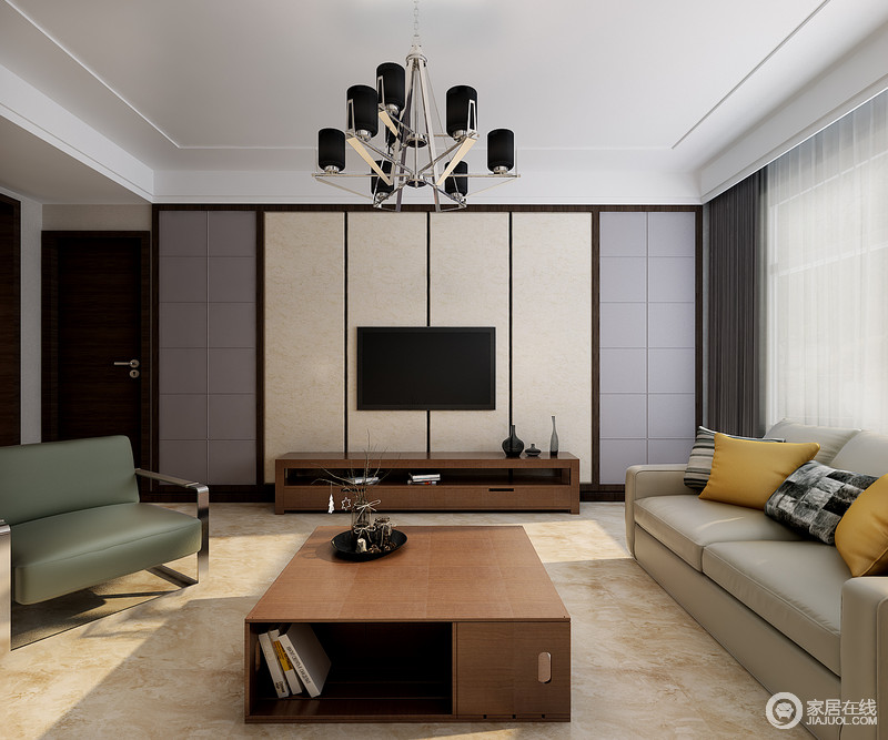 以简洁的家具陈列来表达少即是多的极简主义，软皮质与木质材质的家具使空间充满了温和、平静的简约。方块、大条纹的组合背景墙，增加空间的几何秩序。