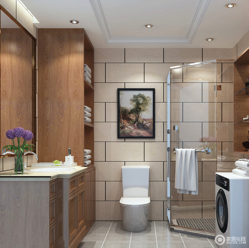 卫生间设计遵循干净、简洁的原则，整体的布置采用暖色为主基调，墙面米黄色瓷砖，让整个卫生间呈现出简洁、干净的感觉。