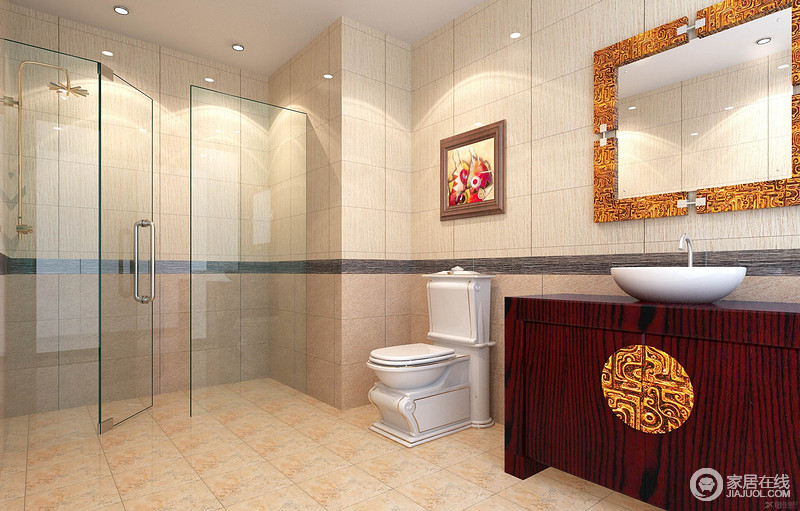 卫浴间利用仿古砖来呈现传统古旧的格调，干湿分区便于生活；但是中式盥洗柜将你的视野拉回中式艺术的范畴内，十分契合主题设计。