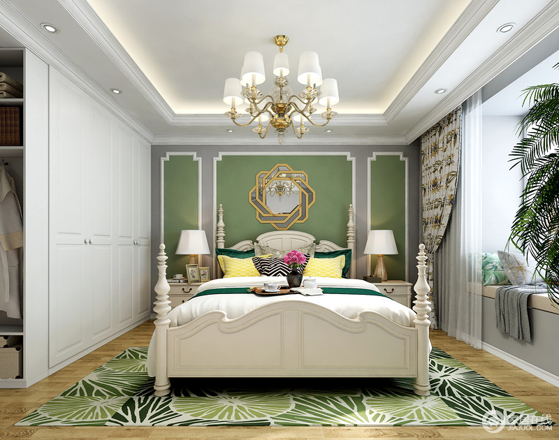 卧室以白色为主调，不管是吊灯还是在衣柜的选择上都秉承了洁净的理念，即使美式螺纹柱的双人床都不影响空间的纯美，反而，添置了一份淡淡地复古美学；绿色背景搭配植物地毯，给予空间清新之余，更是让生活更为舒适。
