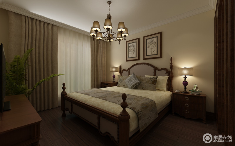 卧室线条简单，没有追求固定的形式，而是从功能性出发，利用褐色四柱床和实木家具来体成熟范儿；对称式的设计减少了空间的单调，布局得体的同时令业主生活的舒适。