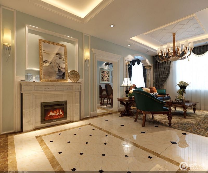 客厅的地砖拼花与欧式壁炉的几何设计呼应出立体感，蓝白色彩上的搭配更为优雅；实木家具因为做工和设计上的精致格外考究，让休闲也变得格调不凡。