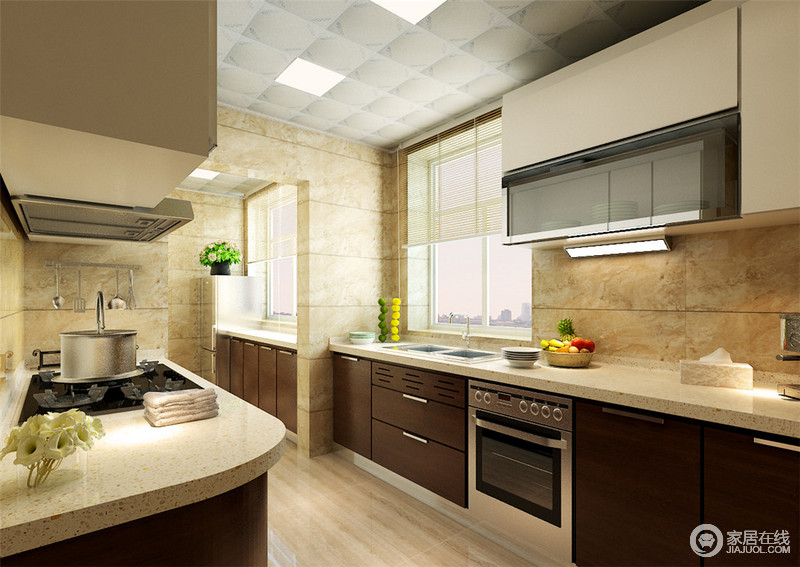 厨房空间，利用房屋结构特点，对厨房进行合理的布置。在色彩装饰方面，沿用整个空间的深浅对比，让人眼前一亮。       