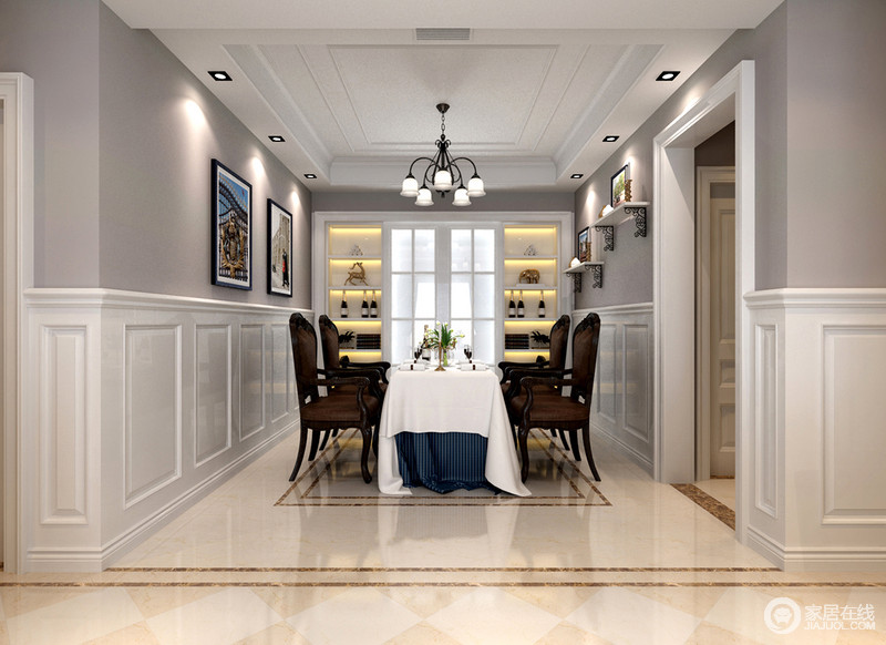 白色与裸紫色调染出清柔的空间，对称而挂的风景画让墙面地肌理更丰富；深咖色餐椅与白色桌布对比强烈，却突显出自由奔放。