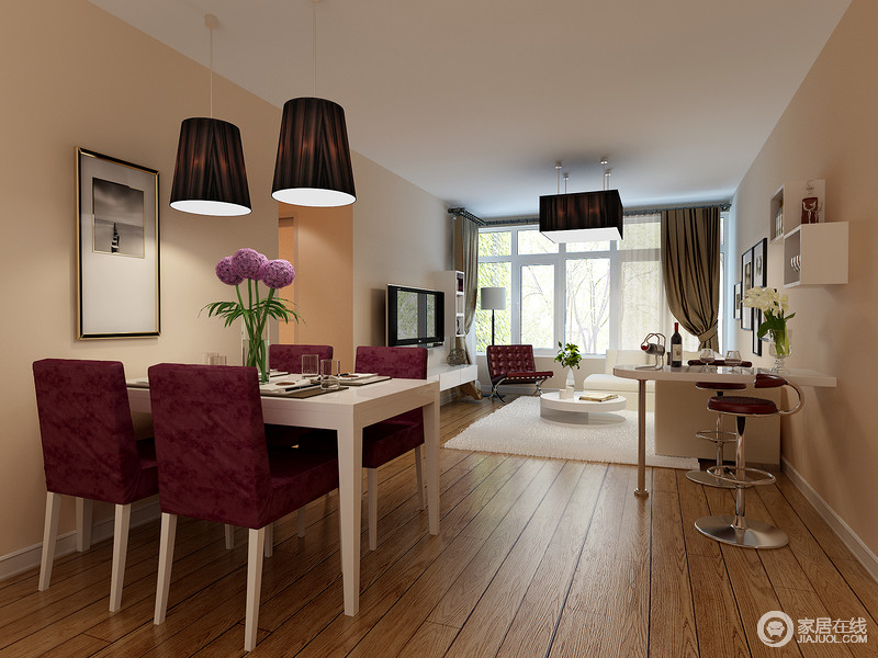 客餐厅空间以木质地板铺贴出一种自然感，温和的色彩与浅色调的墙壁形成一种清和感，而白色与紫色家具的搭配带着一种现代的贵气，让整个空间承载温馨和舒适的格调。