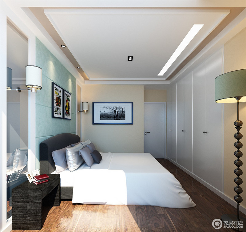 卧室利用自然采光打造一室的暖阳，使空间透露着无限暖意。浅蓝软包墙与黑色床头、柜及白色床单形成分明层次性。白色衣柜嵌入墙体与浅黄色墙面拼接，释放出更多走道空间。