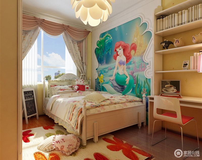 儿童房里雕刻了一个梦境般的空间，美人鱼卡通画将空间里的色彩调和得鲜艳活力；花形地毯添置着甜美。