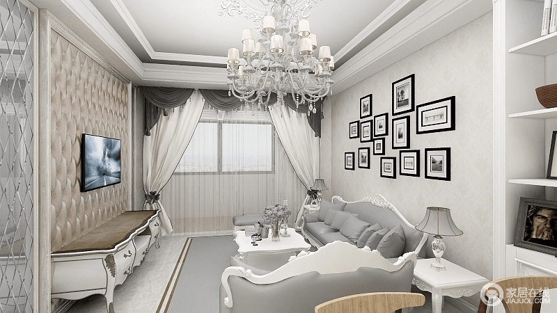 客厅软包电视背景墙，增加空间上的质感，搭配上浅灰色的欧式沙发和黑白照片墙、悬挂精致水晶吊灯，整个客厅空间显得明快富有活力。