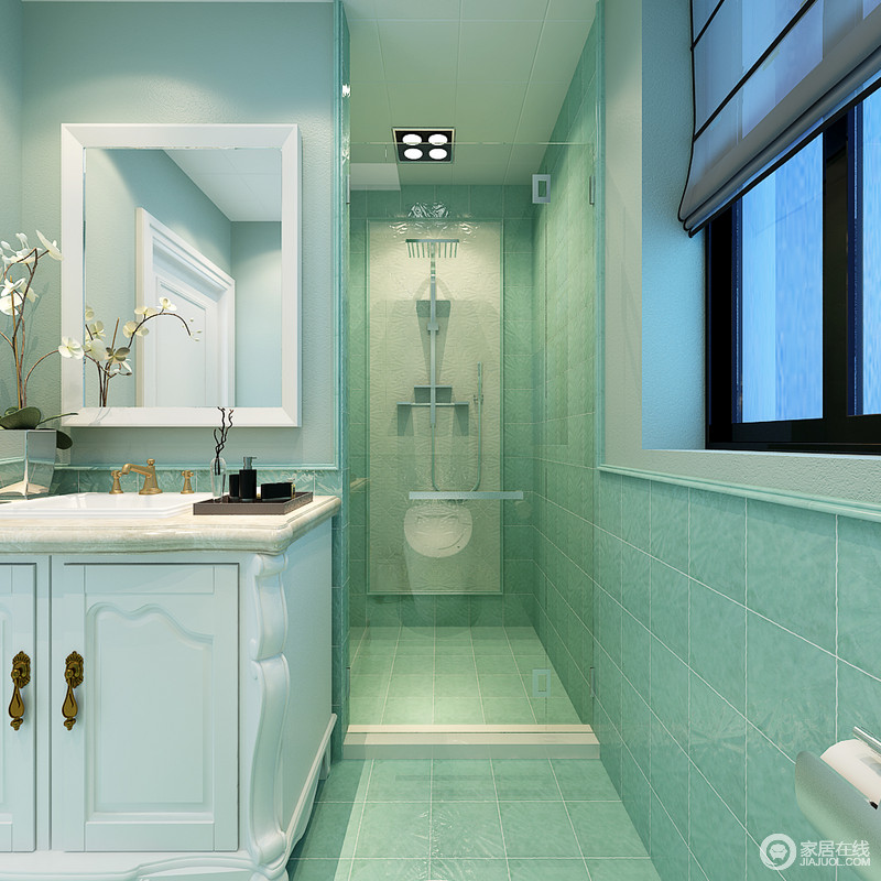 卫生间大胆的以蓝绿色为主，一下子清新了整个卫浴空间。划分空间的玻璃隔断门与浴室镜在光影折射下，使面积狭小的空间毫无压抑感，反而呈现出更多的轻盈明媚。