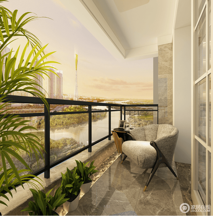 阳台因为户外的景色更为优美，可谓眺望着自然绿景，河水迢迢，则是一种享受安谧的时刻。
