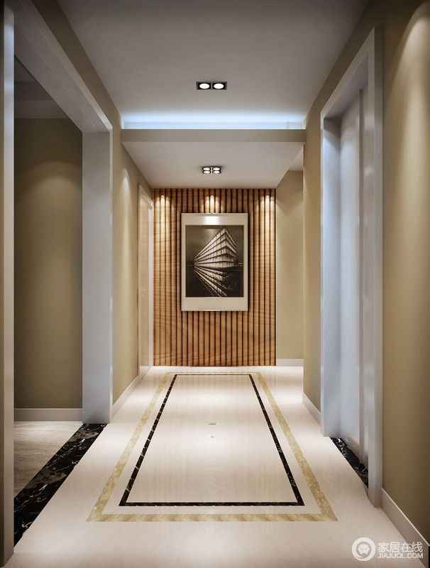 走廊设计得十分简洁，利用原木柱制成的墙面推崇科学合理的构造工艺，以色彩和材料表现出简约的层次之美，一副黑白色调的摄影作品让整个空间好似一个艺廊，充满了别样的生机。