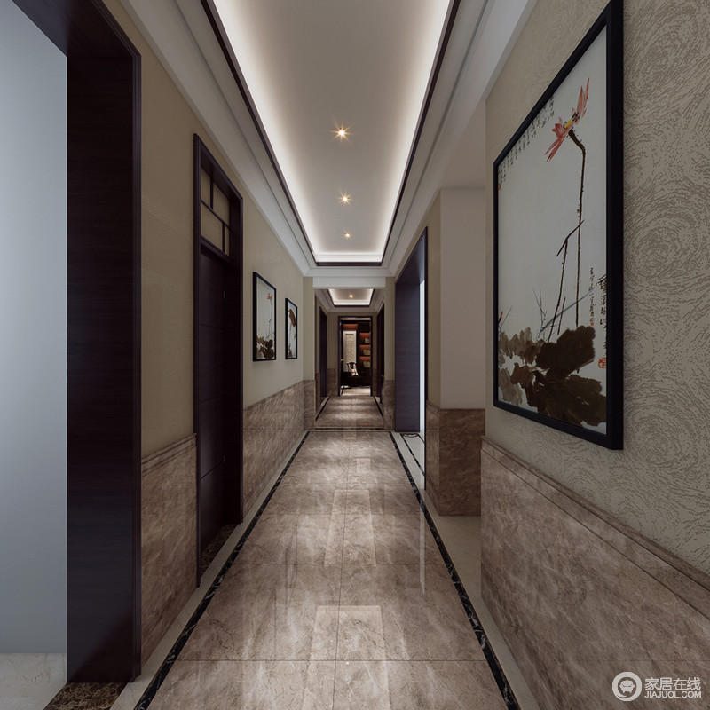 以现代简约的结构让整个走廊整齐划一，通过素色地砖来彰显朴素，并化解墙面的单调，组成结构层次；中式水墨画的清韵和墨意带着浓郁的传统文化精髓，让一切清和。