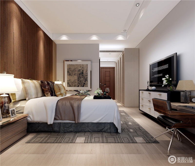 空间以木板作为背景墙来减缓灰色几何地毯的沉闷，实木家具以不同的造型组合出现代稳重，让凝练娴熟的设计打造出一个沉静的空间。
