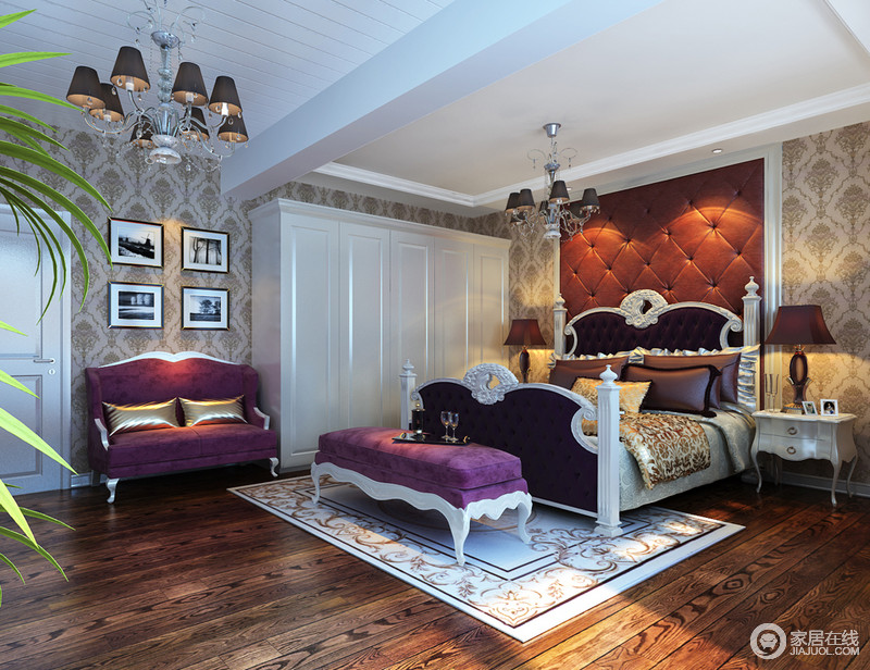 卧室的床头墙设计选用了深紫色的软包系列搭配白色的实木边框，雕花白色床极具欧式洛可可风，与花纹繁复的壁纸墙形成呼应性。在紫色与白色家具装点下，彰显女主人的高雅情怀。