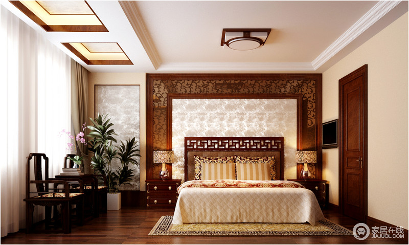 卧室古朴却裹挟着传统意蕴，从中式窗棂中汲取灵感，运用在床头背景墙，加深了空间的工艺性；对称摆设的床头柜和椅子令空间不再空阔，给予稳重和温馨。