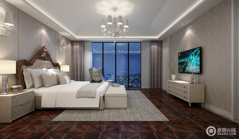 几何感的红棕木地板让卧室更显稳重大气，中和了灰色立面带来的沉闷，多来些许复古；空间整体线条较为简单，但是欧式双人床和现代感的边柜混搭出低调的贵气，灰白色床品和几何地毯更添素雅温馨。
