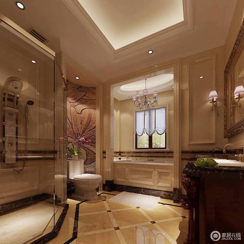 主卫利用玻璃淋浴房解决了干湿分区，米色砖石和马赛克拼花砖石让空间洋溢着欧式艺术，年代感的镜子与盥洗台，给你不同的体验。