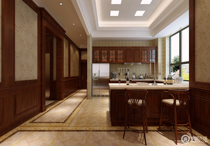 开放式厨房增大了空间的利用率，淡黄色瓷砖搭配褐色棕木打造出休闲美式厨房的古典轻奢。