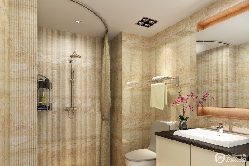 卫生间通过米驼色砖石铺贴出天然的仿旧和朴质，淋浴区条纹质感的砖石让墙面具有了动感；淋浴帘巧妙解决了干湿问题，并与盥洗区构成舒适、实用。