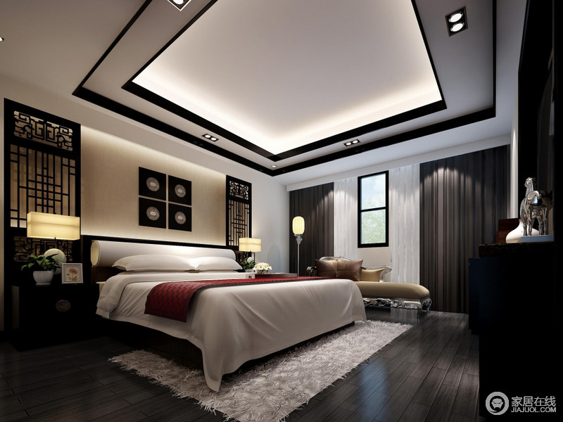 褐色的卧室中采用中式屏风对称出窗式结构，方形灯罩裹挟着黄色的光晕调和了白色床品的苍白感，让卧室深浅得宜，舒适为道。