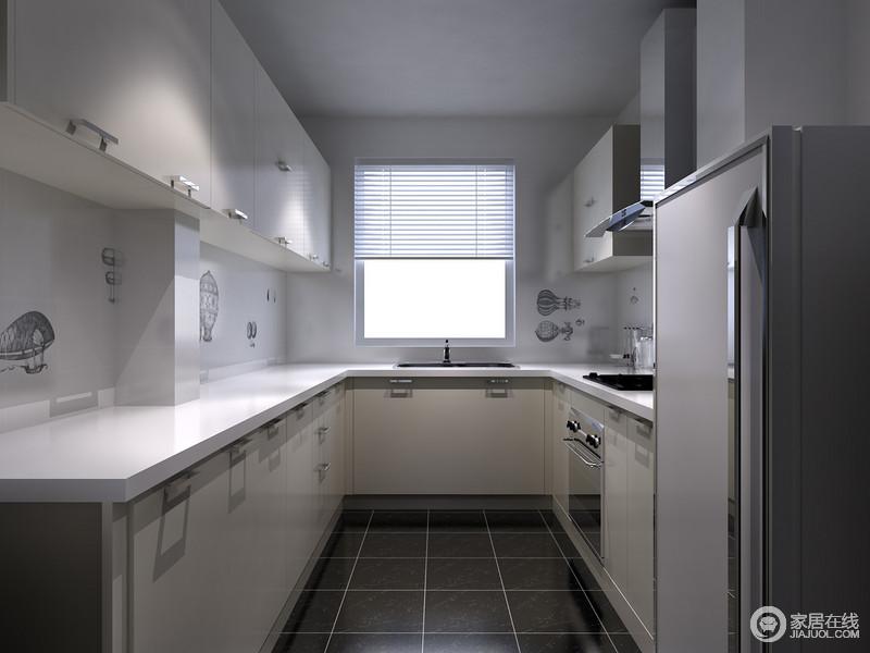 U型厨房使空间的各个空间得到合理利用，整体橱柜巧妙的将家电内嵌和规整安排，将空间打造的井然有序；橱柜和墙面均采用白色调，减轻油污感，地面则采用黑色方砖，易清洁且耐脏。
