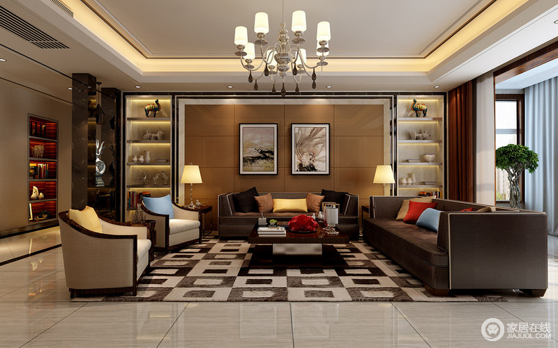整体空间全部采用中性色，却错落有致，层次有序；深浅不一的回字形地毯让迥异零星般点缀在客厅，营造出现代质感。