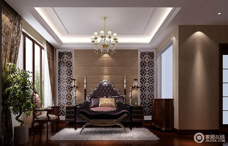 室内多采用对称式的布局方式，格调高雅，造型简朴优美，色彩浓重而成熟。