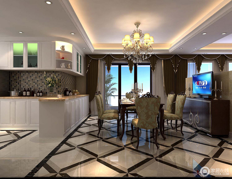 餐厅的拼花地板以强烈视觉效果丰富空间，与餐厅并行的开放式厨房，以弧形造型打造壁橱，以长条形木台搭配白色橱柜造型规划出厨房空间，及吧台区部分。