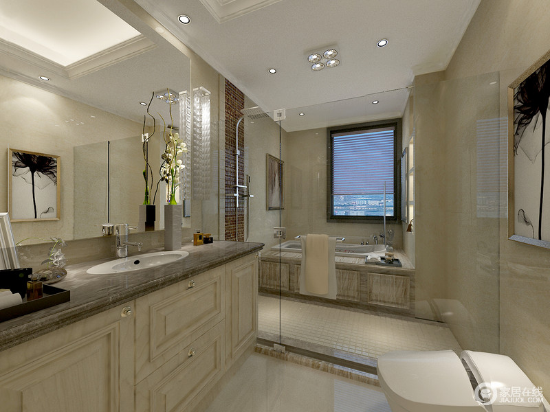 卫生间大块的浴室镜与透明玻璃折射着空间，延展放大了视觉效果。隔离开的洗浴区，使空间保持清爽整洁。盥洗台上点缀的盆栽花枝与水墨花卉虚实相应。