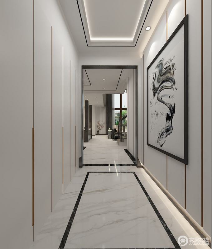 走廊为了营造整体空间的纯净之感与白色大理石呼应，却利用凹凸有致的边框打造立面的立体感和变化性；水墨龙形艺术画汇聚着空间的所有能量，绽放着传统图腾的非凡。