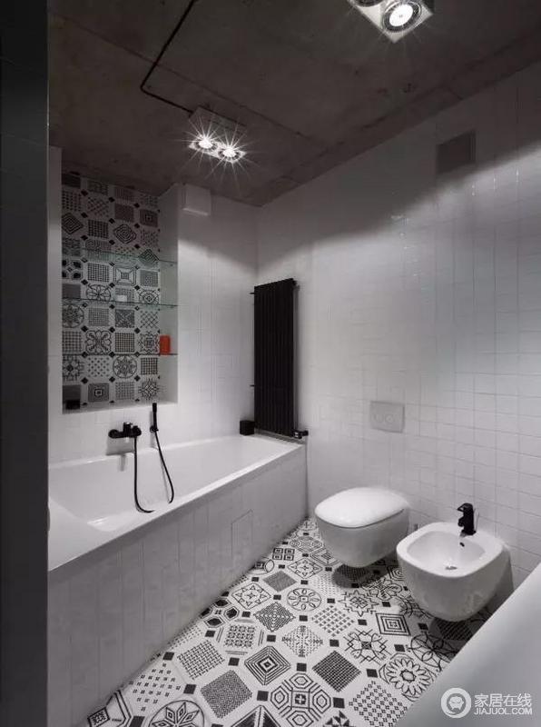 卫生间采用了花砖元素，在不破坏整体氛围的前提下，增添空间的丰富度。