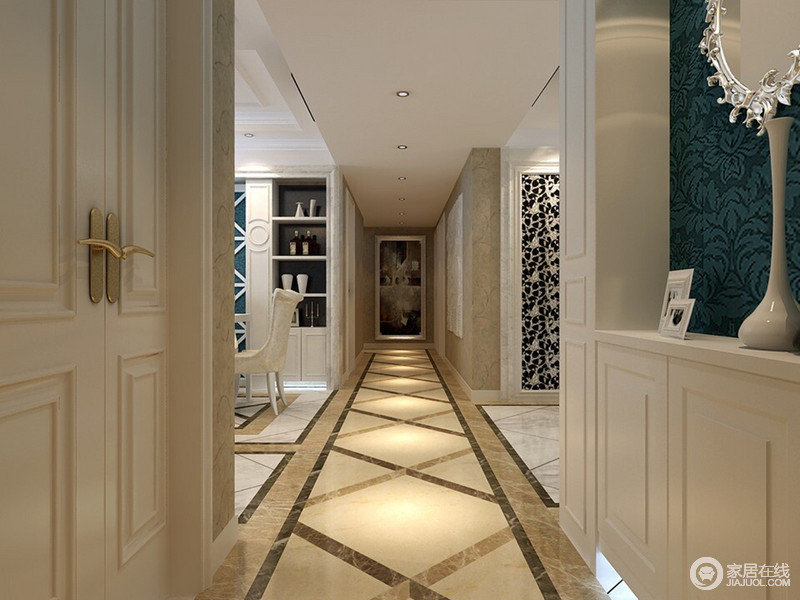 走廊中菱形瓷砖铺贴出层次感，让空间多了些许变化的魅力。