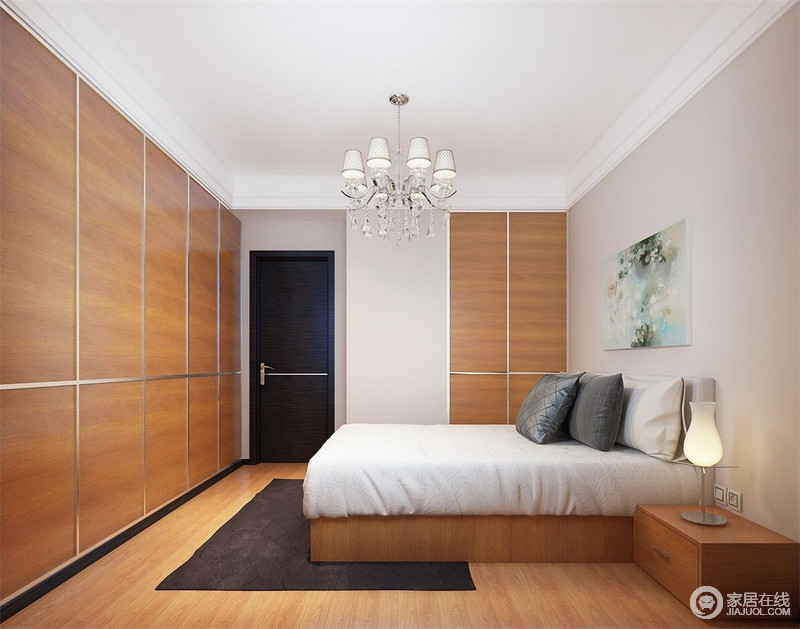 整个卧室以原木色为主，步入式衣柜内嵌墙面，使空间得到更多活动区域。勾勒的银色线条，为木色增加几分灵动意味，留白式的墙面，将空间里天然材质的质感充分彰显。