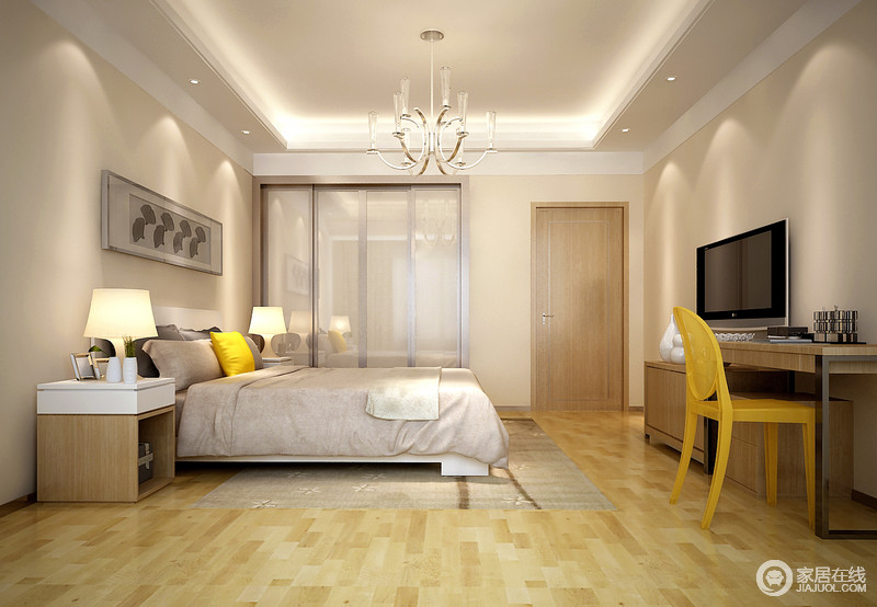 卧室通常以实用木地板铺贴，主要是为了营造温馨感；设计师将墙面粉刷为米色，并与灯带、曲线水晶吊灯组成和暖；中性色调的床品和实木家具与之相配，一把明黄色单椅尽显个性，点缀出空间的别趣。