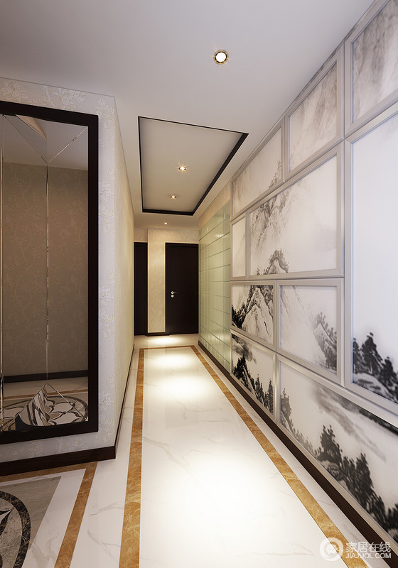 线条丰富了走廊墙面，大面积的山水画作提升了空间的格调氛围。拐角处的镜面装饰，形成扩展增容。在素淡的色彩之下，走廊表现出独特的诗情韵味。