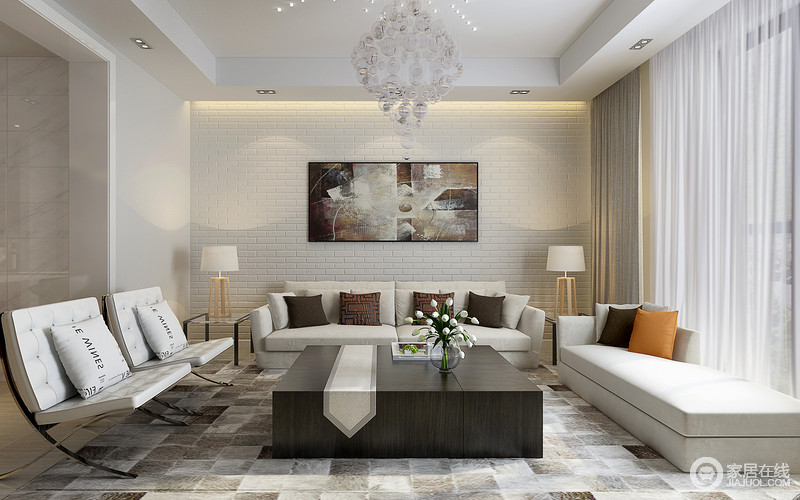 空间中以白色墙砖酿造一个充满文艺气息的家，简式北欧台灯及家具是对最质朴生活的热爱和歌颂；纵然大量的白色充斥在空间中，但是褐、灰的方格地毯中和出一个有条理的客厅。