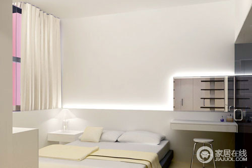 卧室格外简单，只从功能上着眼，让空间成为最舒适的区域；睡眠区域利落有致，铺排现代极简之美，但是增加了悬挂式柜子，让空间更为舒适、实用。