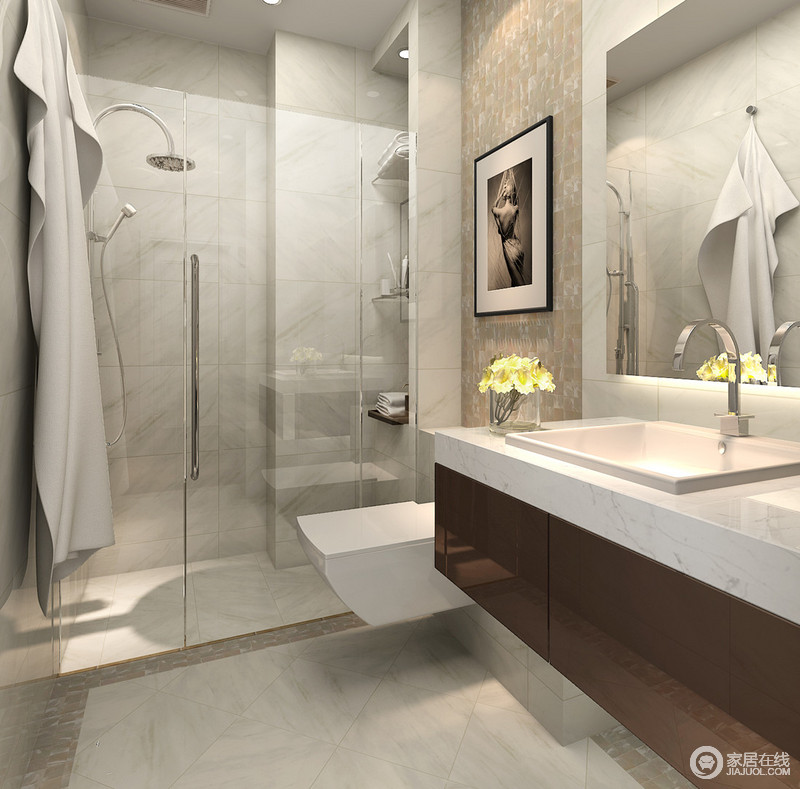 卫浴空间面积狭小，设计师以白色的理石及通透的玻璃材质，增加空间的清透感，以此减去空间上的压抑感。局部饰以不同的背景突出，空间也由此彰显出视觉层次性。