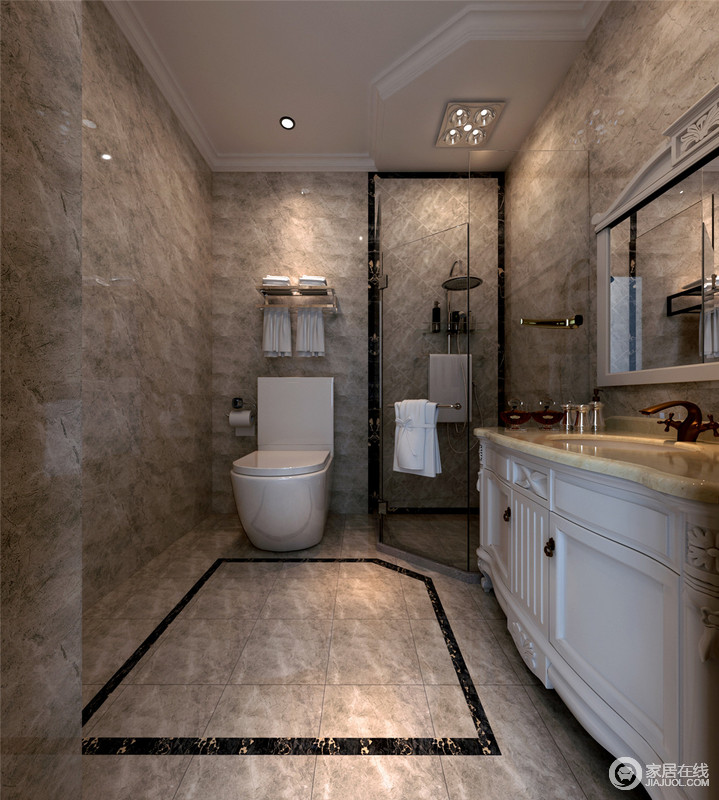 土灰色的砖石为主要材质的卫浴间恍如一个乡村小室，但是色调上的朴质，与轻奢的美式白色雕花盥洗台形成鲜明的对比，混搭出复古感的空间；虽然面积有限，但是功能分区明显，实用依旧是主题。