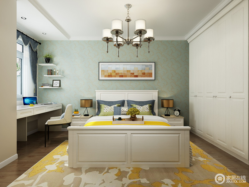 卧室以现代线条来勾勒空间，整洁大气，毫不拖沓，绿豆色的涂料粉刷墙面，给予空间清新，搭配白色衣柜和定制得书桌，更为实用得体；黄色地毯搭配床品，给予空间不一样的明快，中和出生活的温馨。