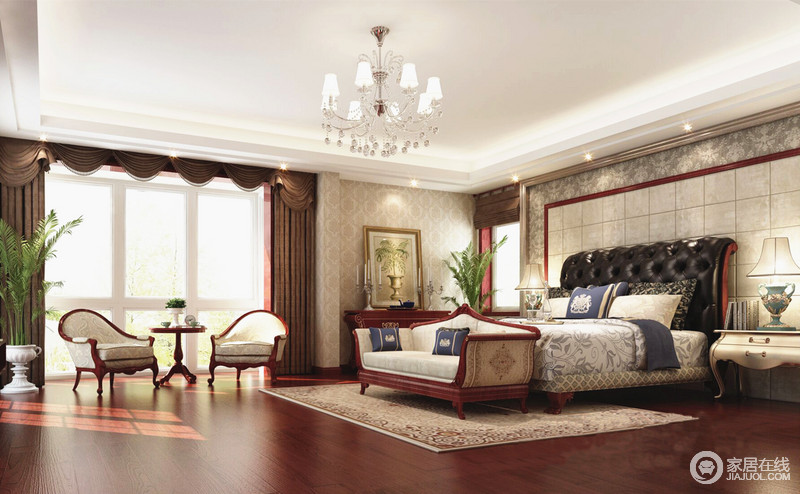 玻璃窗给予卧室良好的采光，白色窗框因酒红色欧式窗帘越发显得气派。不论是双人床、单人椅都将质感和流畅曲线装饰着空间，卧室有简奢又温馨。