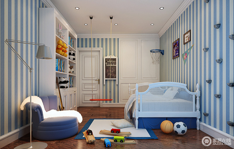 儿童房以蓝白条纹壁纸渲染了一个清湛的格调，让孩子在一个纯净安谧的环境，快乐成长；蓝白色调的家具格外清新，同时，以收纳等实用功能，让孩子在空间中自由玩耍。