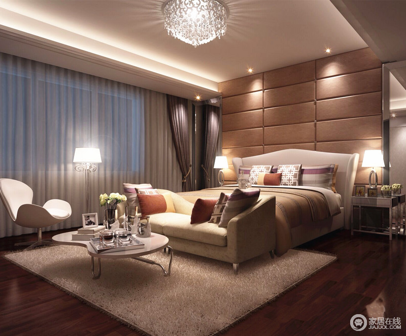 卧室中更多地表现出现代设计的时尚感和简约性，造型独特的边几和单人椅诉说着现代家居的个性化与实用性。