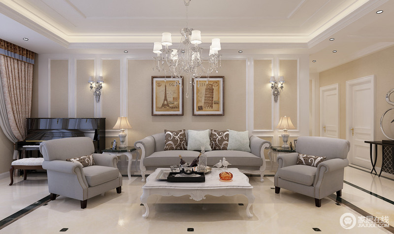 温和轻柔的淡雅黄填充在白色墙板里，在雅致的深灰色沙发的映衬下，空间表现出清丽脱俗的端庄感。客厅摆放着钢琴，提升优雅度，缔造简洁又熨烫人心的居家氛围。