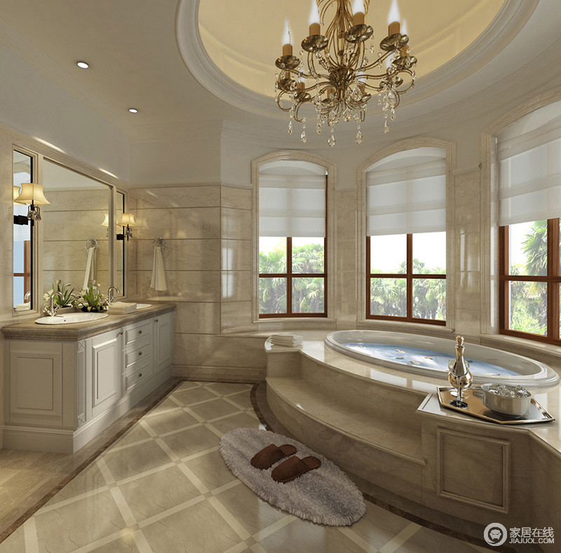 卫生间里浴缸依格局弧形而建，在多扇窗户的包裹下带来浪漫主义；墙面与地板分别以拼接和格纹线，彰显空间的丰富的视觉感。华美的水晶灯映照在空间内，流露出奢而不华的气质。