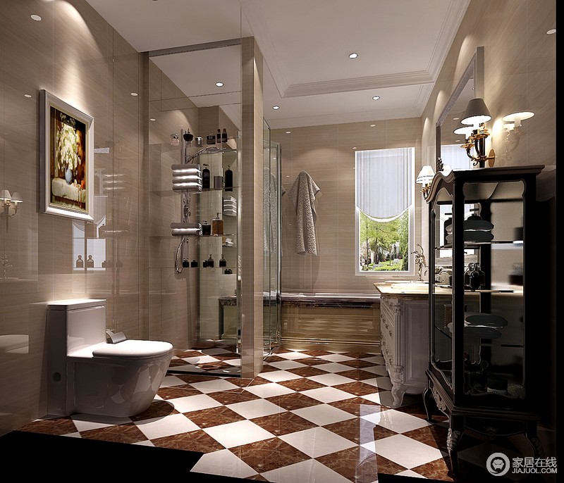 使用格子复古拼花瓷砖，造型可以给简欧风格的卫生间增色不少。