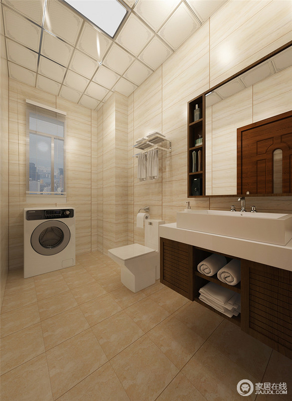 卫浴间设计的十分简单，利用米色砖石铺贴出整体性明烈的空间；褐色盥洗台悬挂式设计增添了一丝现代感，简而不凡，实用而得体。
