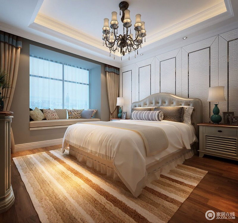 卧室整体颜色简洁明快，没有了传统美式的厚重，以清浅的用色打造着舒适之调；设计师巧妙的将飘窗塑造为一个休闲区，可以在此享受一份自由与随性。
