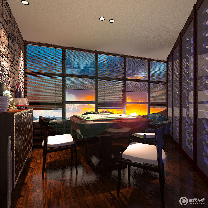 设计师将麻将室与酒吧室结合，粗糙原始的砖石则与精致的封闭酒柜对称，大面积的落地窗带入室外景致，空间显得休闲独特、自在别致。